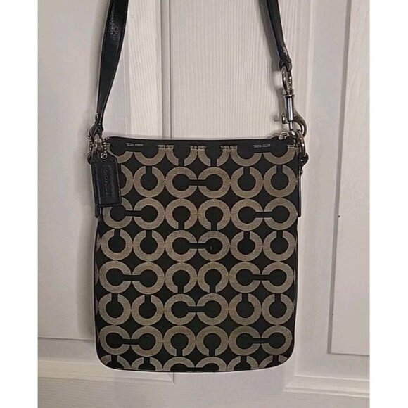 COACH Signature Kristen Canvas Black Gray Crossbody Handbag Silver Hardware - Picture 2 of 12